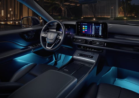Deep blue Ambient Lighting glows from various places within a 2026 Lincoln Aviator® SUV. | Deacon Jones Lincoln in Goldsboro NC
